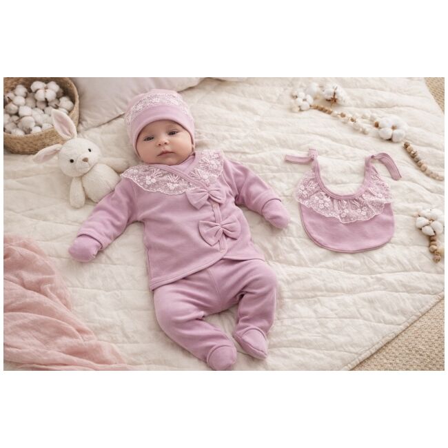 Set nou nascut fetita 5 piese lila bumbac dantela funda bluza pantaloni caciulita trpb0200