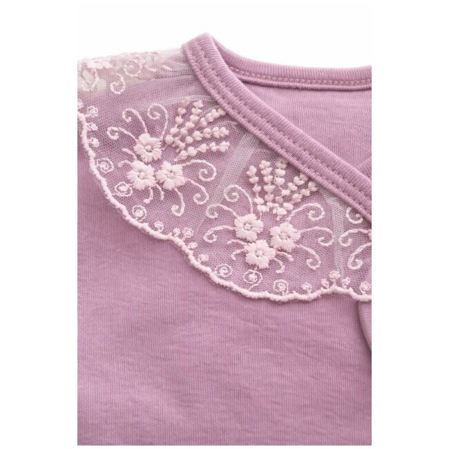 Set nou nascut fetita 5 piese lila bumbac dantela funda bluza pantaloni caciulita trpb0200