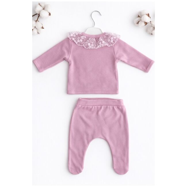 Set nou nascut fetita 5 piese lila bumbac dantela funda bluza pantaloni caciulita trpb0200