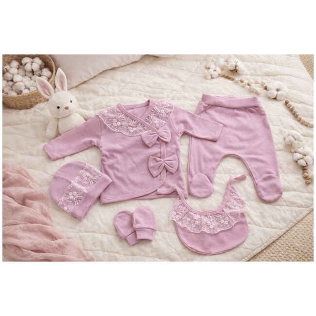 Set nou nascut fetita 5 piese lila bumbac dantela funda bluza pantaloni caciulita trpb0200
