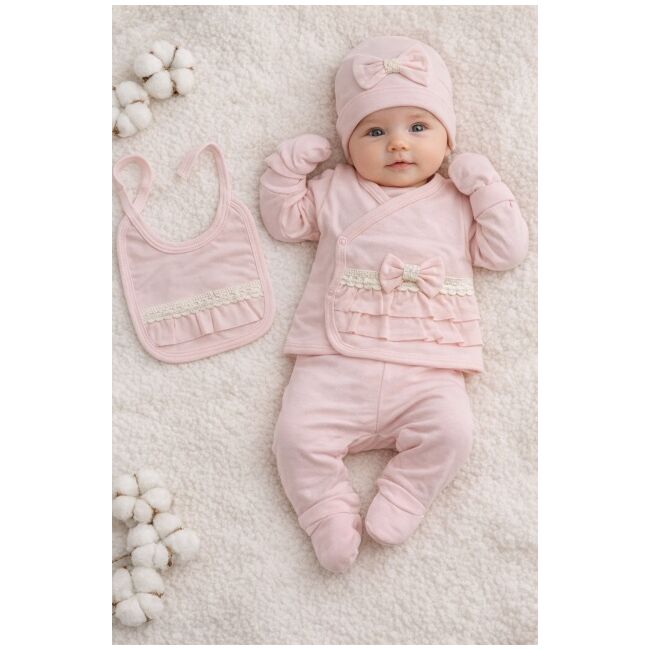 Set nou nascut fetita 5 piese roz bumbac bluza petrecuta pantaloni caciula bavetica trpb0218