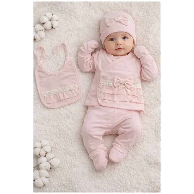 Set nou nascut fetita 5 piese roz bumbac bluza petrecuta pantaloni caciula bavetica trpb0218