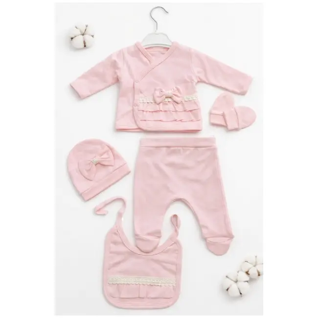 Set nou nascut fetita 5 piese roz bumbac bluza petrecuta pantaloni caciula bavetica trpb0218