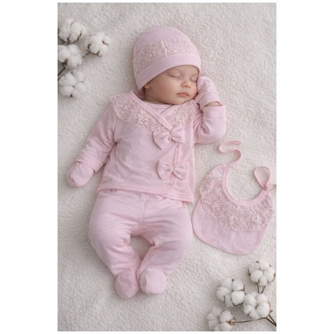 Set nou nascut fetita 5 piese roz bumbac elegant dantela bluza pantaloni caciula baveta trpb0206