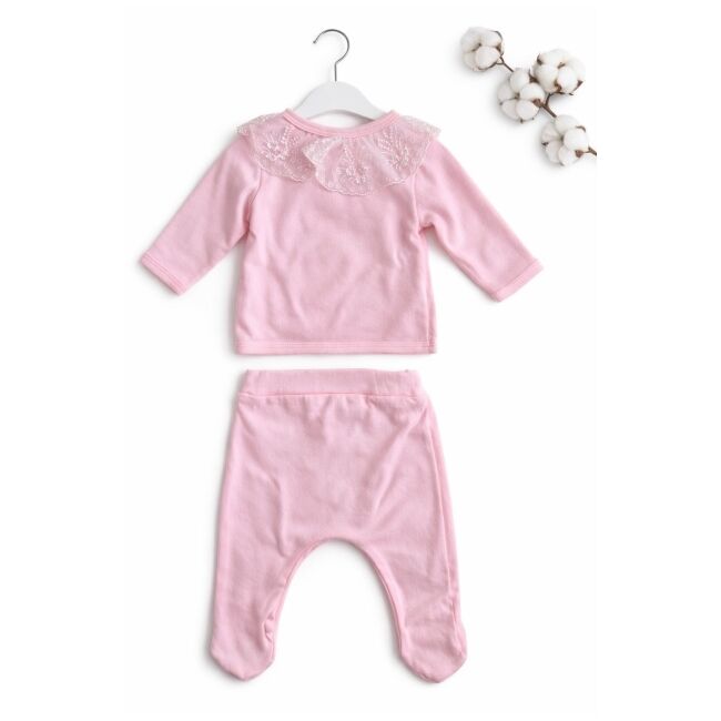 Set nou nascut fetita 5 piese roz bumbac elegant dantela bluza pantaloni caciula baveta trpb0206