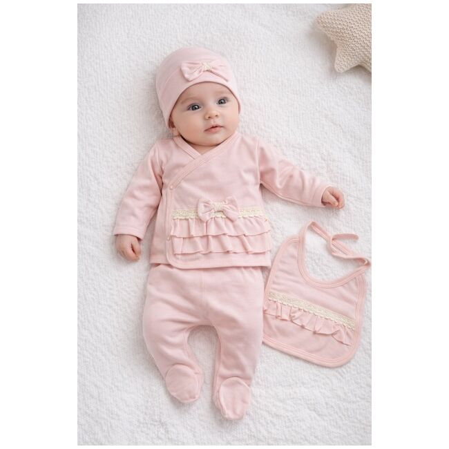 Set nou nascut fetita roz 5 piese bumbac elegant bluza pantaloni caciula baveta trpb0207