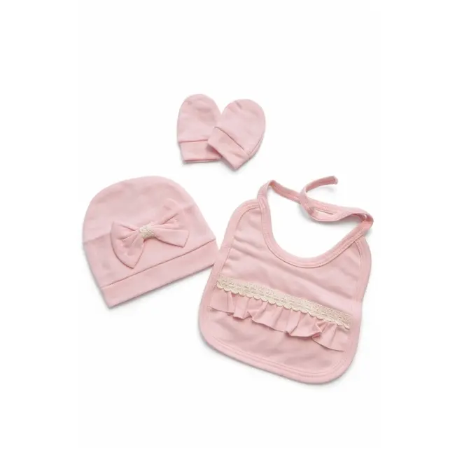 Set nou nascut fetita roz 5 piese bumbac elegant bluza pantaloni caciula baveta trpb0207