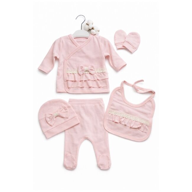 Set nou nascut fetita roz 5 piese bumbac elegant bluza pantaloni caciula baveta trpb0207