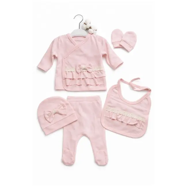 Set nou nascut fetita roz 5 piese bumbac elegant bluza pantaloni caciula baveta trpb0207