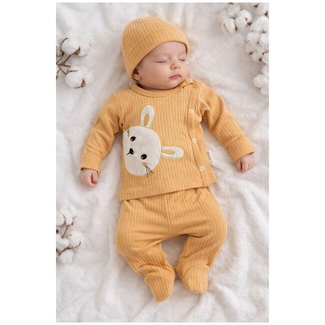 Set nou nascut unisex 3 piese bumbac mustar bluza pantaloni iepuras confort zilnic trpb0201