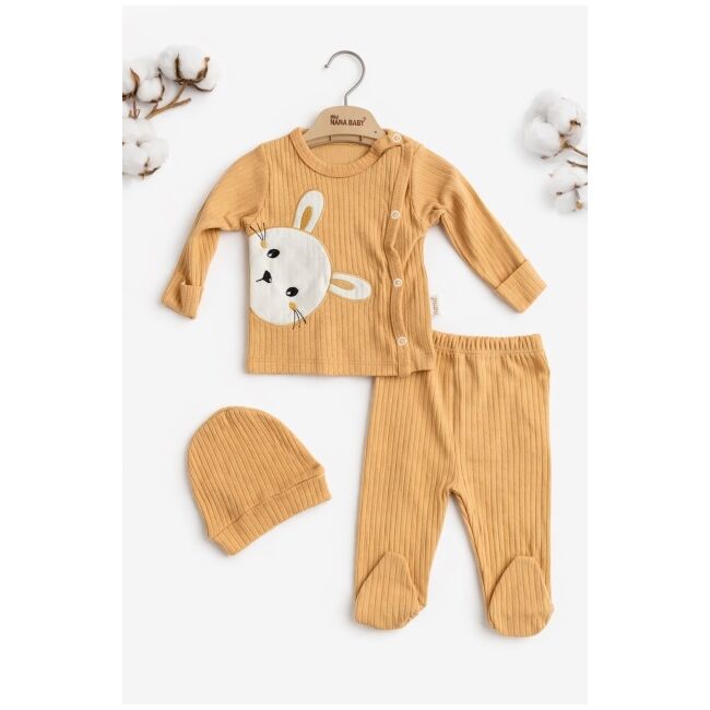 Set nou nascut unisex 3 piese bumbac mustar bluza pantaloni iepuras confort zilnic trpb0201