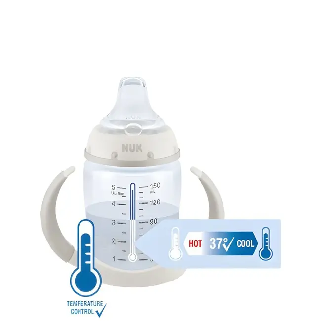 Biberon Nuk First Choice PP 150 ml, Control Temperatura, Tetina Invatare Silicon 6-18 luni, Mickey Albastru