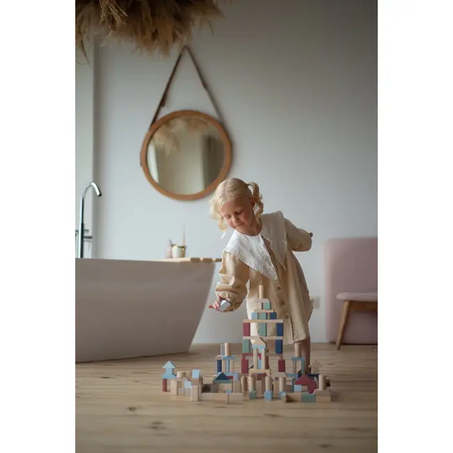 Jucarie din lemn, Cubika, Kit 100 de piese de constructie - Pastel