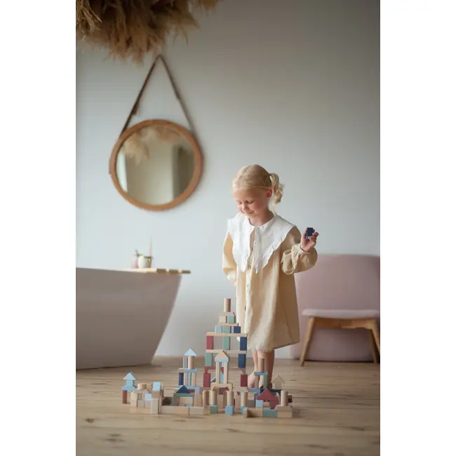 Jucarie din lemn, Cubika, Kit 100 de piese de constructie - Pastel