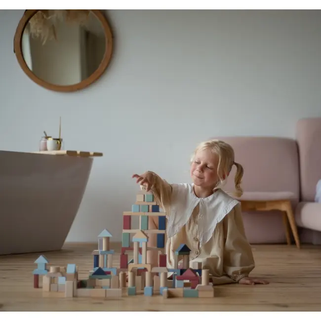 Jucarie din lemn, Cubika, Kit 100 de piese de constructie - Pastel