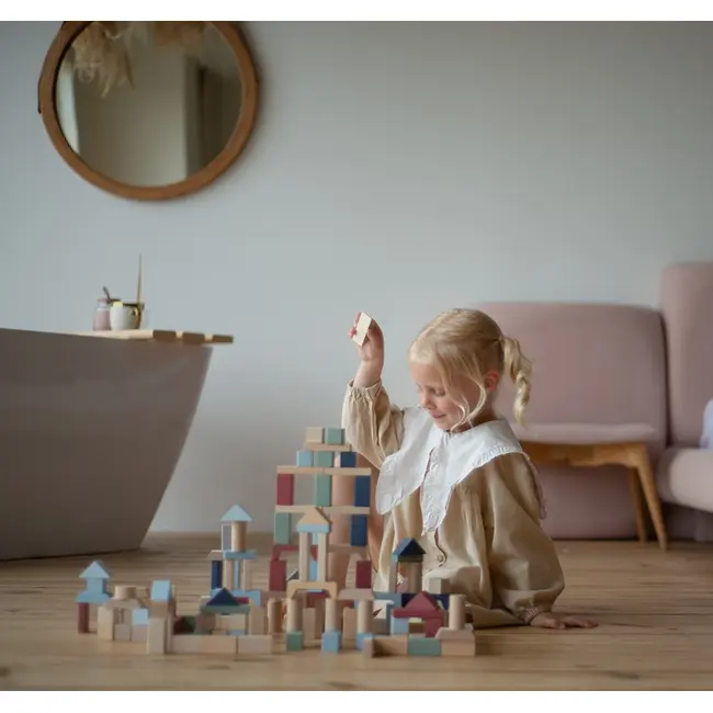 Jucarie din lemn, Cubika, Kit 100 de piese de constructie - Pastel