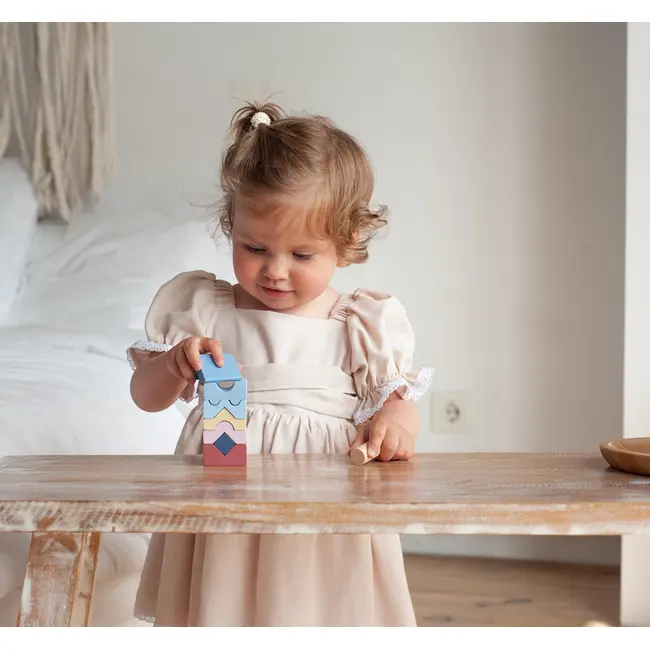 Jucarie din lemn, Cubika, Set constructii Turn 8 piese - Pastel