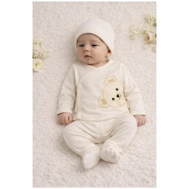 Set nana 3 piese bebelusi &ndash; bluza, pantaloni si caciulita din bumbac 100% ursulet alb bbe20534