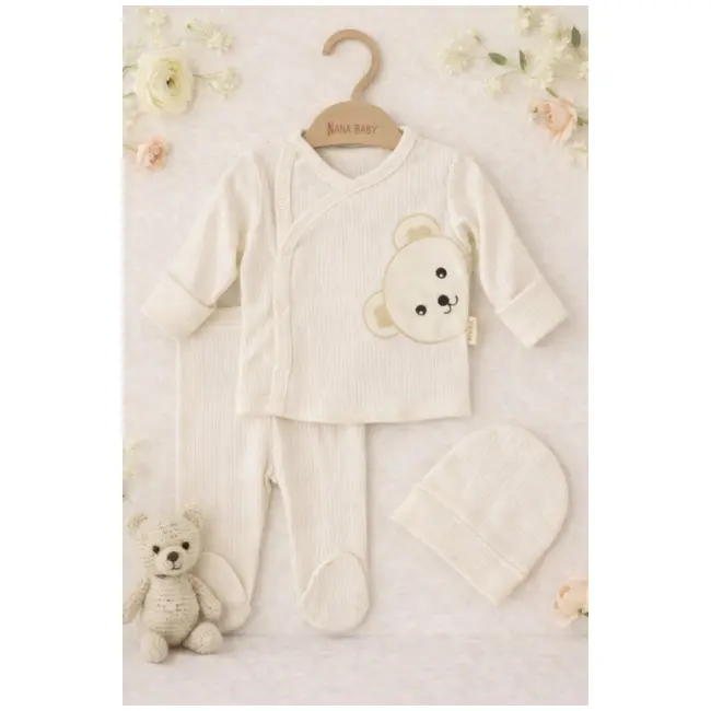 Set nana 3 piese bebelusi &ndash; bluza, pantaloni si caciulita din bumbac 100% ursulet alb bbe20534