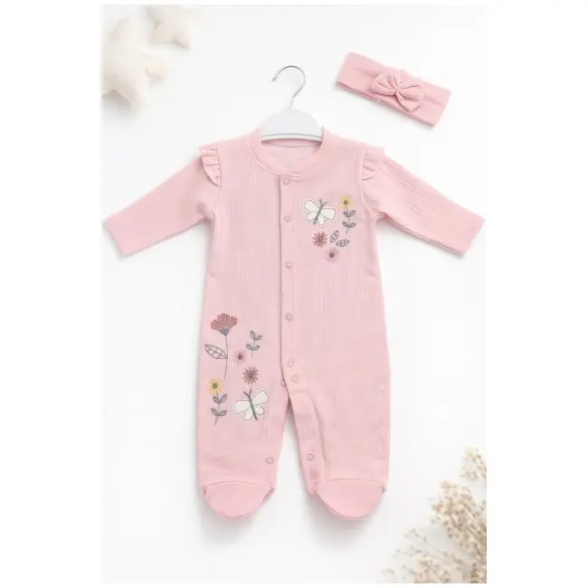 Salopeta bebe fete roz flori brodate fluture bumbac cu bentita tram2202-5