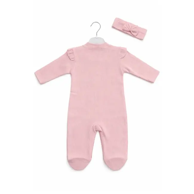 Salopeta bebe fete roz flori brodate fluture bumbac cu bentita tram2202-5