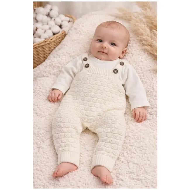 Salopeta tricotata bebe ivoire cu bluza set elegant premium tram2202-1