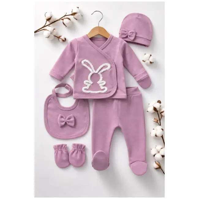 Set bebe fete 5 piese mov prafuit iepuras bluza pantaloni baveta caciula manusi tram2202-8