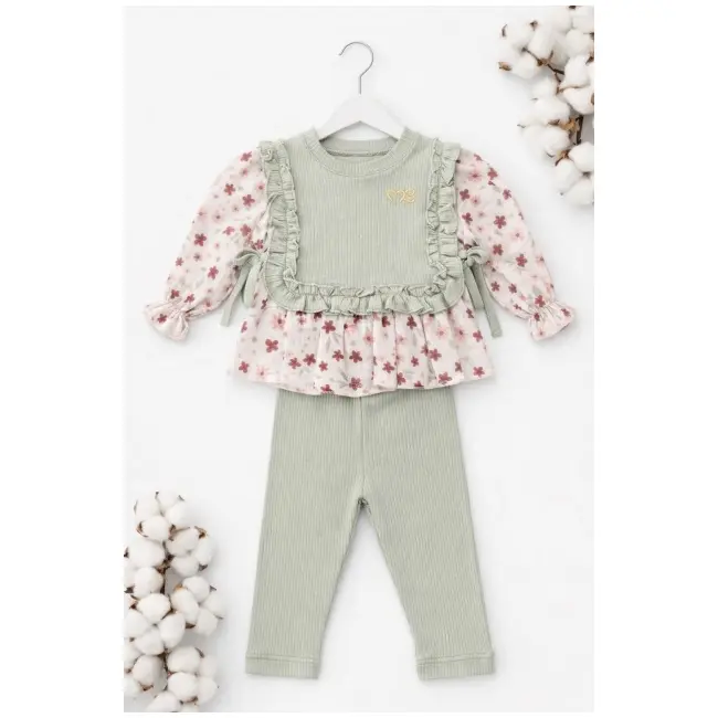 Set fete 2 piese verde pastel bluza cu volane pantaloni rib casual tram2202