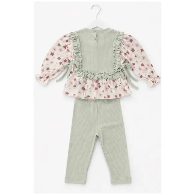 Set fete 2 piese verde pastel bluza cu volane pantaloni rib casual tram2202