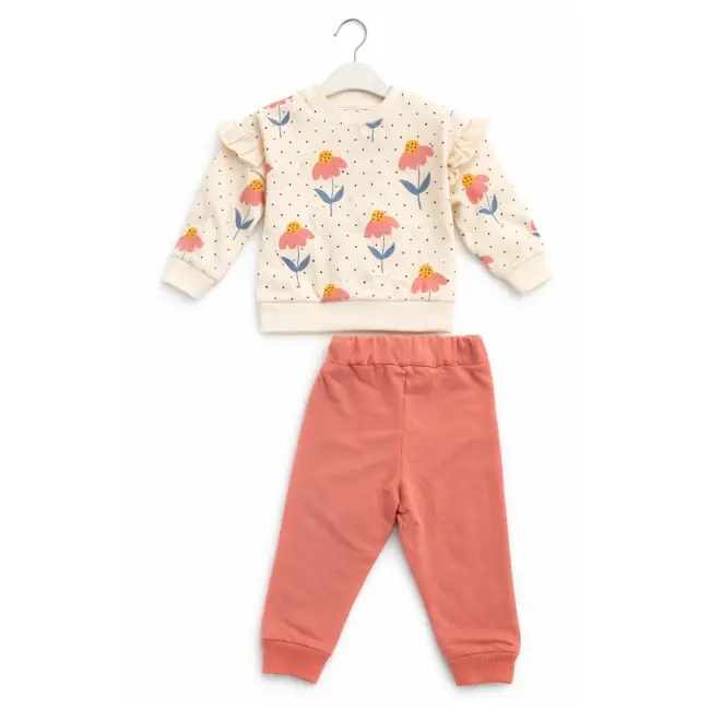 Trening bebe fete 2 piese flori bluza crem volane pantaloni corai tram2202-10