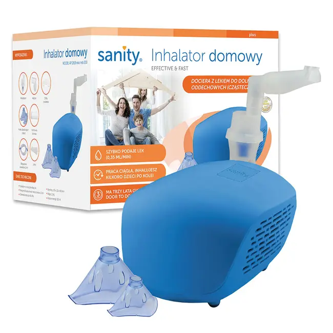 Aparat aerosoli Sanity Domowy AP 2819, nebulizator cu compresor, masca pediatrica si masca adulti, Albastru BITsanitydomowy