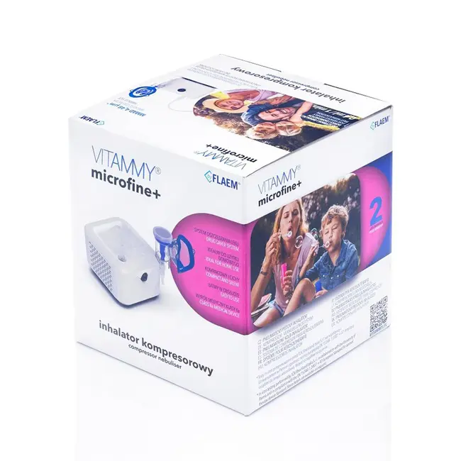 Aparat aerosoli VITAMMY Microfine+ by Flaem, nebulizator cu compresor, utilizare profesionala, masca copii si adulti SoftTouch, fara ftalati si BPA, MMAD 4,48 &mu;m, Alb BITmicrofineplus