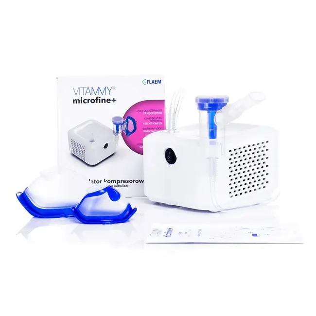 Aparat aerosoli VITAMMY Microfine+ by Flaem, nebulizator cu compresor, utilizare profesionala, masca copii si adulti SoftTouch, fara ftalati si BPA, MMAD 4,48 &mu;m, Alb BITmicrofineplus