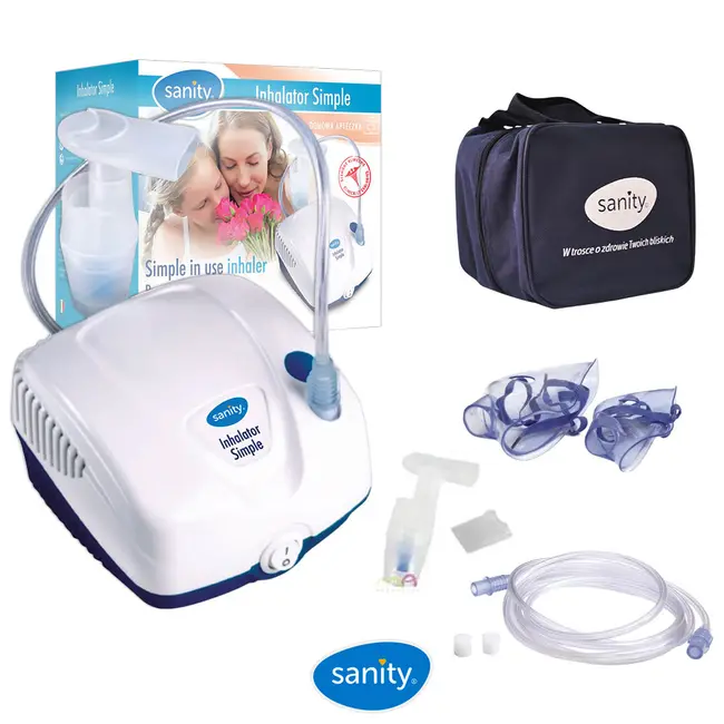 Aparat aerosoli cu compresor Sanity  Inhaler Simple, MMad 2.44 &mu;m, compact si dimensiuni reduse, geanta de transport, alb BITsanitysimpleinhaler