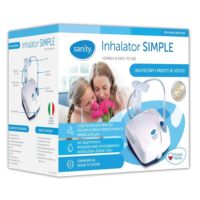 Aparat aerosoli cu compresor Sanity  Inhaler Simple, MMad 2.44 &mu;m, compact si dimensiuni reduse, geanta de transport, alb BITsanitysimpleinhaler
