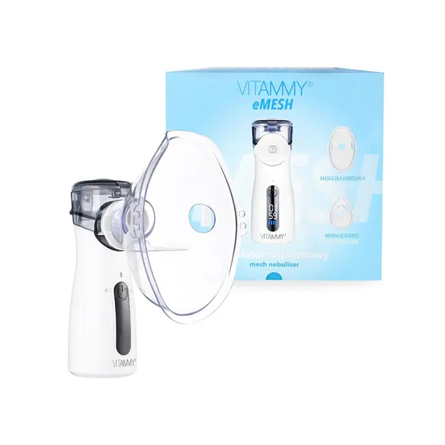 Aparat aerosoli cu tehnologie mesh Vitammy eMESH, afisaj digital, cronometru timp inhalare, functie de autocuratare, incarcare USB-C, masca pentru copii si adulti, mustiuc, saculet pentru transport BITVitammyeMESH