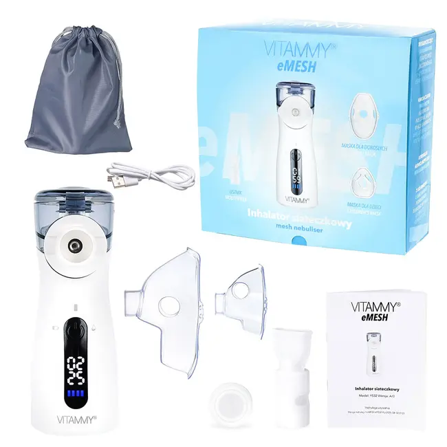 Aparat aerosoli cu tehnologie mesh Vitammy eMESH, afisaj digital, cronometru timp inhalare, functie de autocuratare, incarcare USB-C, masca pentru copii si adulti, mustiuc, saculet pentru transport BITVitammyeMESH