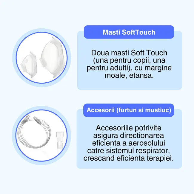 Aparat de aerosoli Novama N, nebulizator cu compresor, functionare continua, sistem de economisire a medicamentului, fabricat fara bisfenol (BPA) si ftalati, masca copii si adulti SoftTouch, mustiuc BITNovamaN