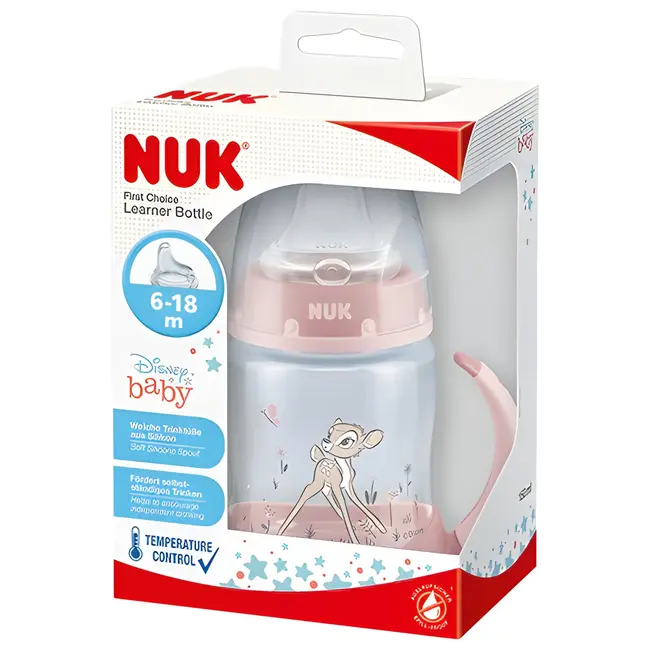 Biberon Nuk First Choice PP 150 ml, Control Temperatura, Tetina Invatare Silicon 6-18 luni, Disney Bambi