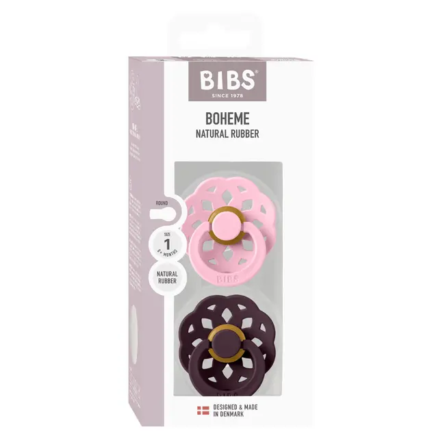 Bibs - set 2 suzete boheme latex, tetina rotunda, 0 luni +-baby pink/plum bbb230246