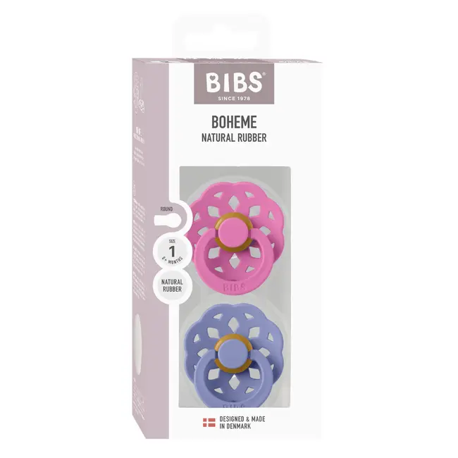 Bibs - set 2 suzete boheme latex, tetina rotunda, 0 luni +-bubblegum/peri bbb230248