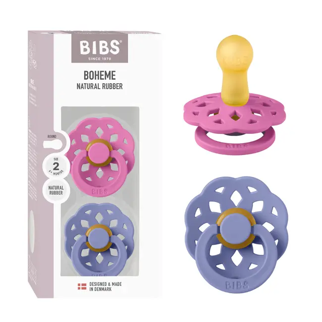 Bibs - set 2 suzete boheme latex, tetina rotunda, 6 luni +-bubblegum/peri bbb240248
