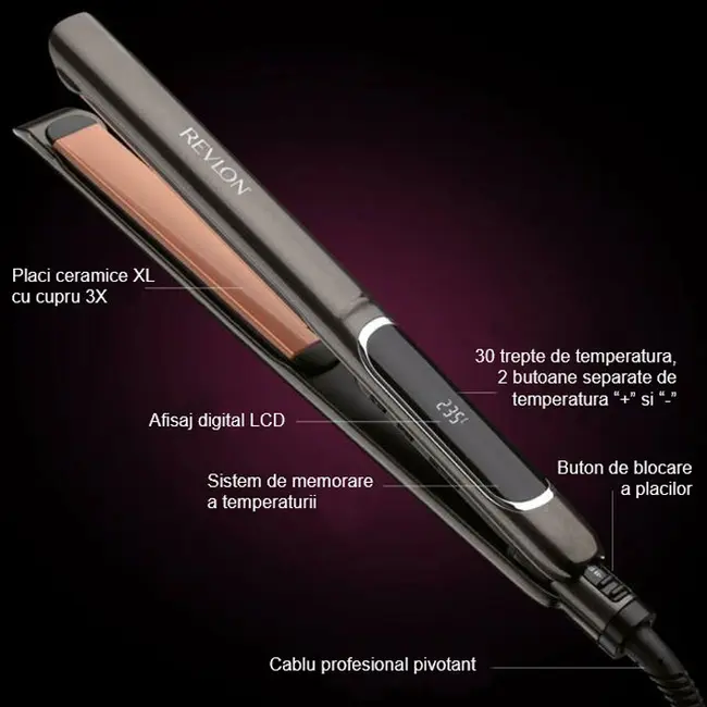 Placa de indreptat parul REVLON Salon Straight Copper Smooth Styler RVST2175E2, afisaj LCD BITplacaRVST2175E