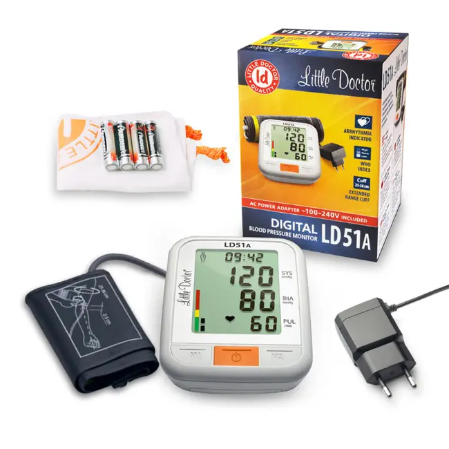 Tensiometru electronic de brat Little Doctor LD 51a, afisaj XXL, detector aritmie, indicator WHO, afisare data si ora, adaptor priza inclus, Alb Gri BITld51a
