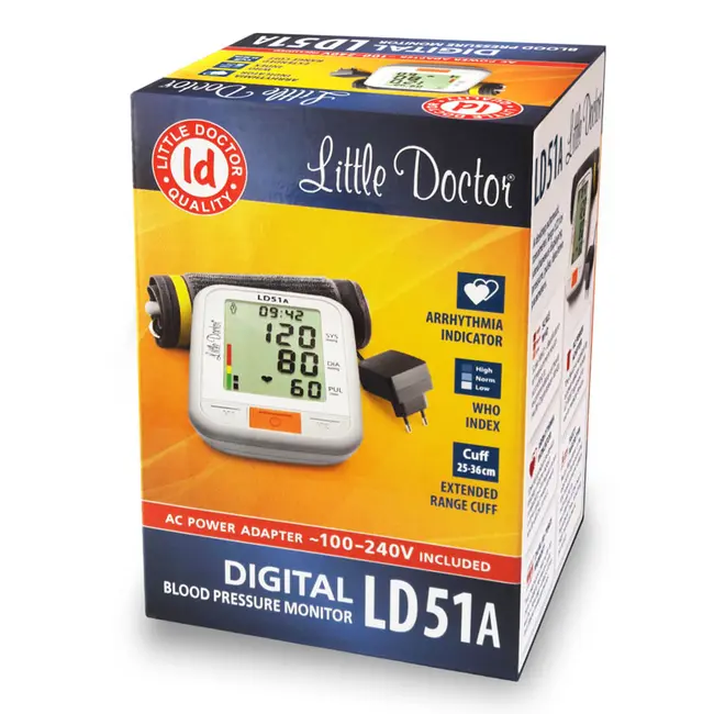 Tensiometru electronic de brat Little Doctor LD 51a, afisaj XXL, detector aritmie, indicator WHO, afisare data si ora, adaptor priza inclus, Alb Gri BITld51a