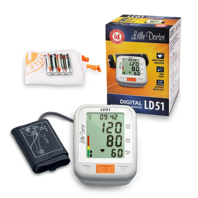 Tensiometru electronic de brat Little Doctor LD51, afisaj XXL, detector aritmie, indicator WHO, afisare data si timp, Alb Gri BITLD51