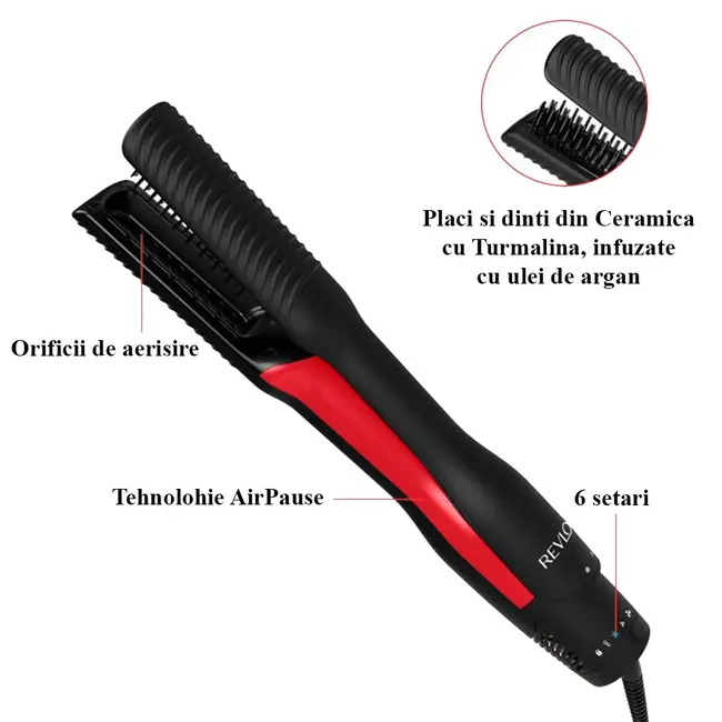 Aparat de coafat 2 in 1 Revlon One-Step Air Straight RVDR5330E, pentru uscare si indreptare, placi din Ceramica cu Turmalina infuzate cu ulei de argan, tehnologie AirPause, 6 setari BITRVDR5330E