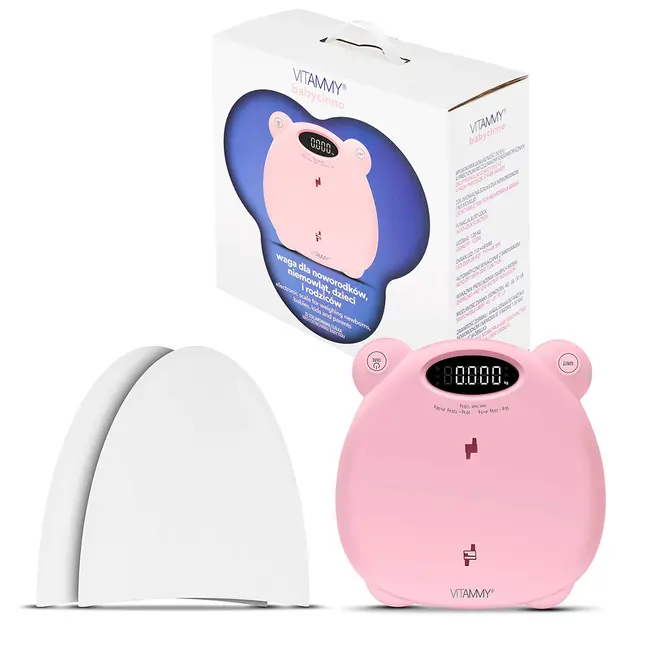 Cantar electronic Vitammy Babycinno, 4 in 1, pentru nou-nascuti, bebelusi, copii si adulti, tava detasabila, ecran LCD, greutate maxima 120 kg, Roz BITVitammybabycinnoroz