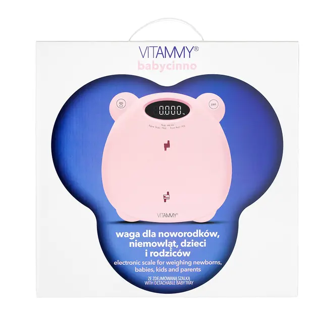 Cantar electronic Vitammy Babycinno, 4 in 1, pentru nou-nascuti, bebelusi, copii si adulti, tava detasabila, ecran LCD, greutate maxima 120 kg, Roz BITVitammybabycinnoroz