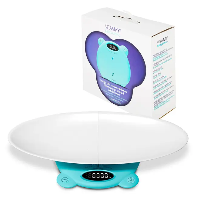 Cantar electronic Vitammy Babycinno, 4 in 1, pentru nou-nascuti, bebelusi, copii si adulti, tava detasabila, ecran LCD, greutate maxima 120 kg, Turcoaz BITVitammybabycinnoturcoaz